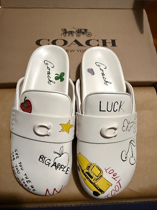 Coach Shoes - COACH White Illustrated Clog Slides — Lucky New York Motif